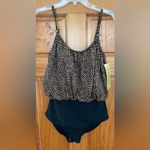 NWT Sirena Signatures Black and Gold One-Piece Swimsuit Size 14